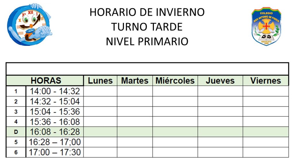 HORARIO DE INVIERNO AGOSTO COLEGIO SAN ANTONIO DE PADUA